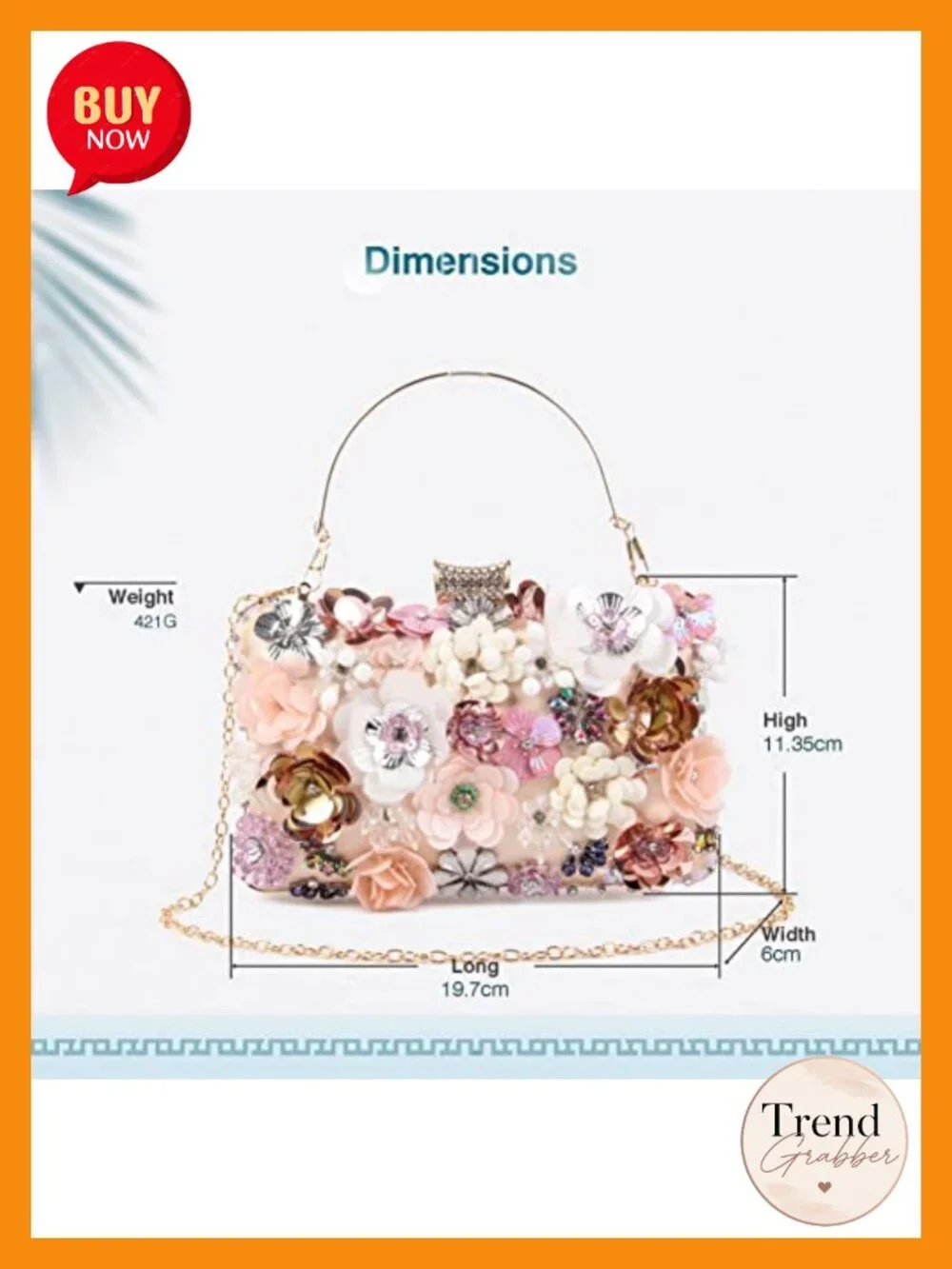 Flower Embellished Evening Clutch with Detachable Chain Strap